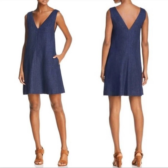 Theory Small V Neck Sleeveless A-Line 100% Linen Dress In Res Denim Melange E31 - Picture 1 of 9